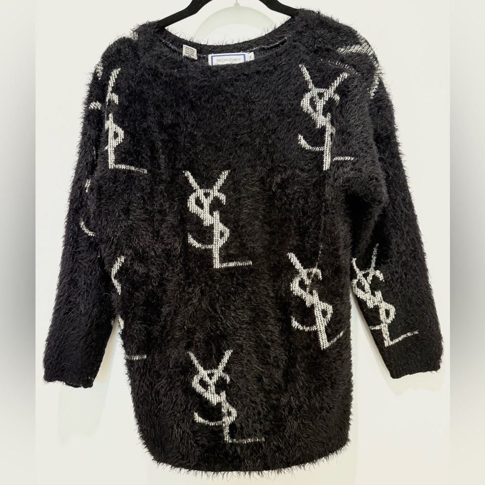 Yves Saint Laurent Fuzzy Black and White Boat Neck Sweater